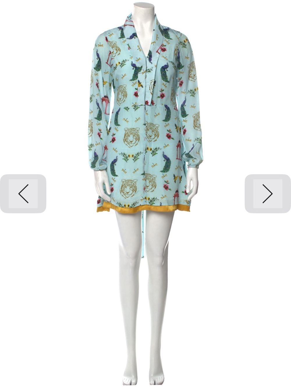 Light Blue Printed Long-Sleeve Mini Dress with Tie Neck